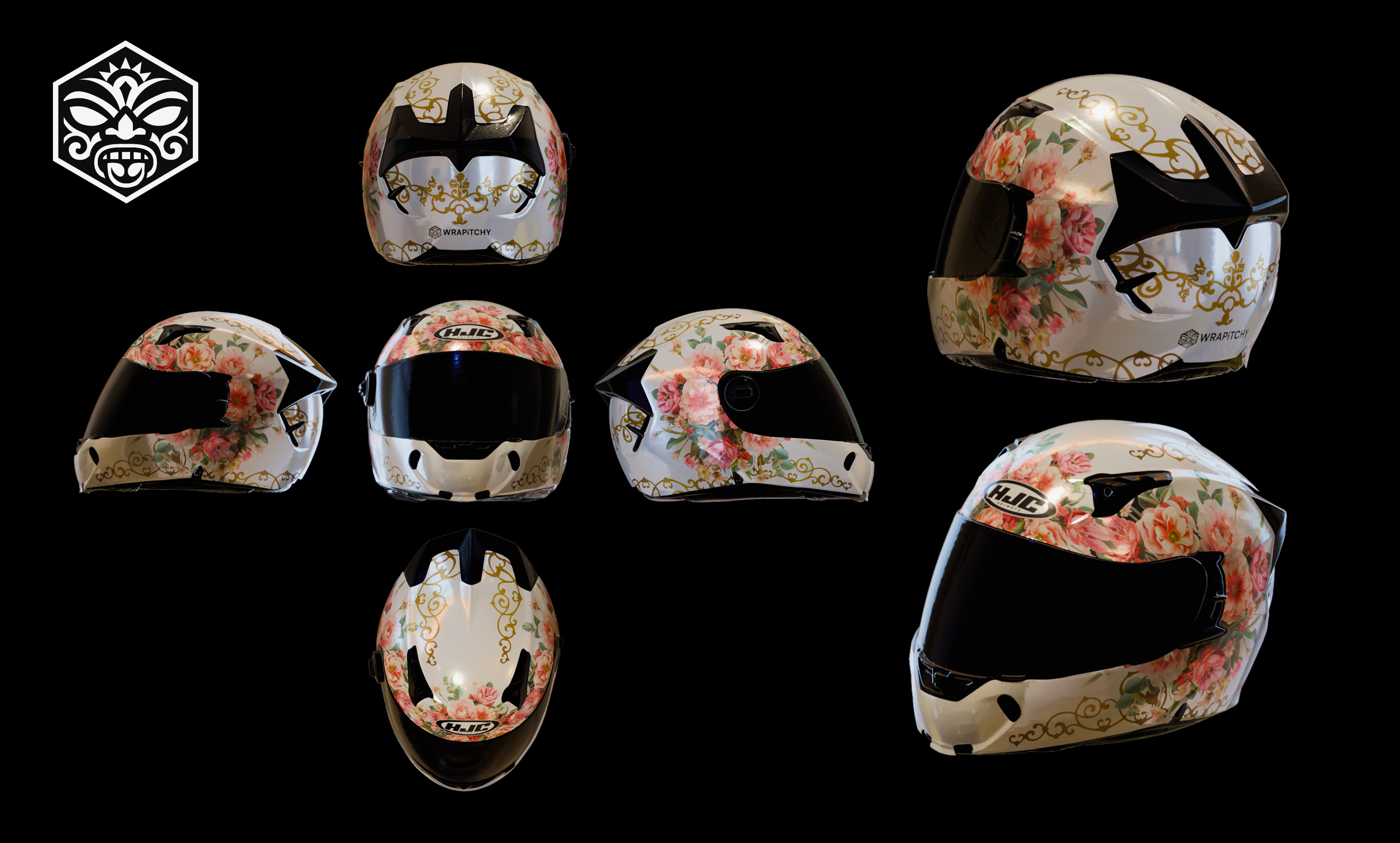 Ukázka polepu helmy — květinový design se zlatými ornamenty
