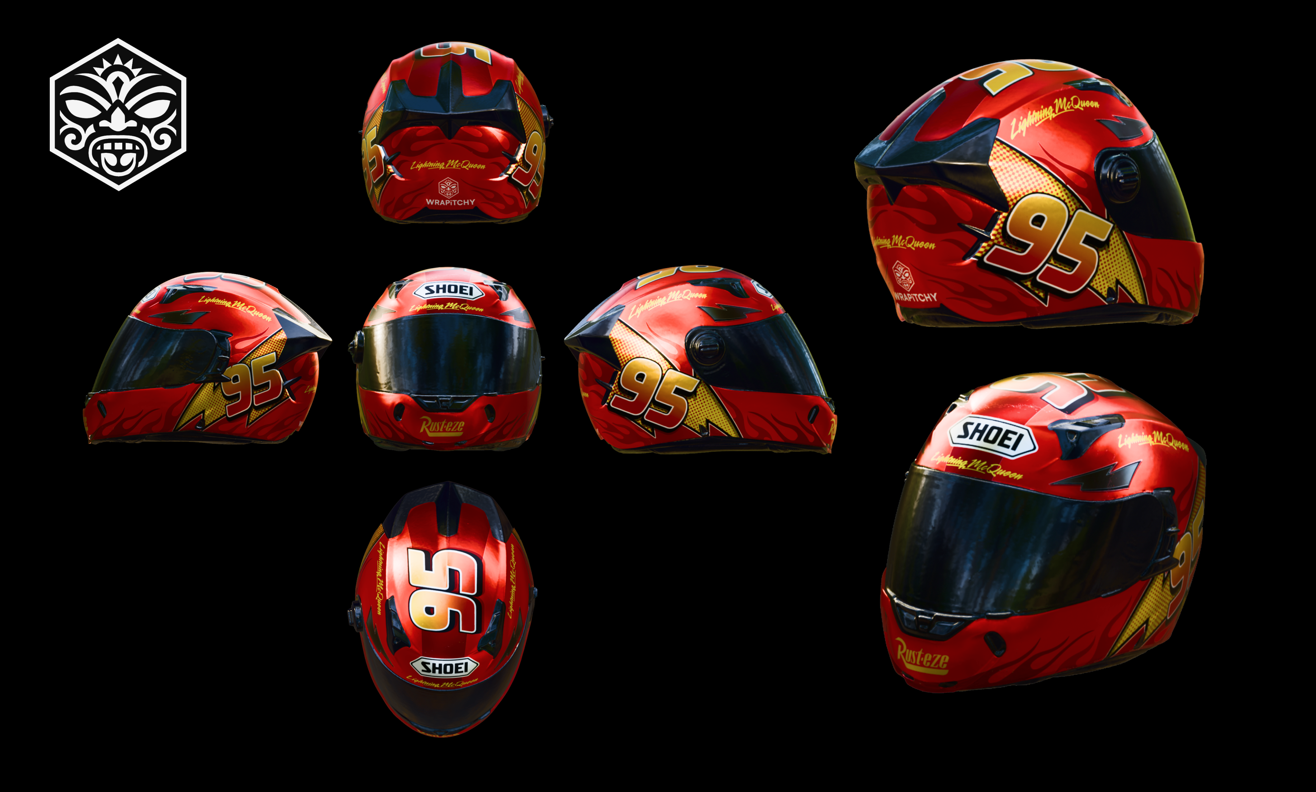Ukázka polepu helmy — závodní červený design Lightning McQueen
