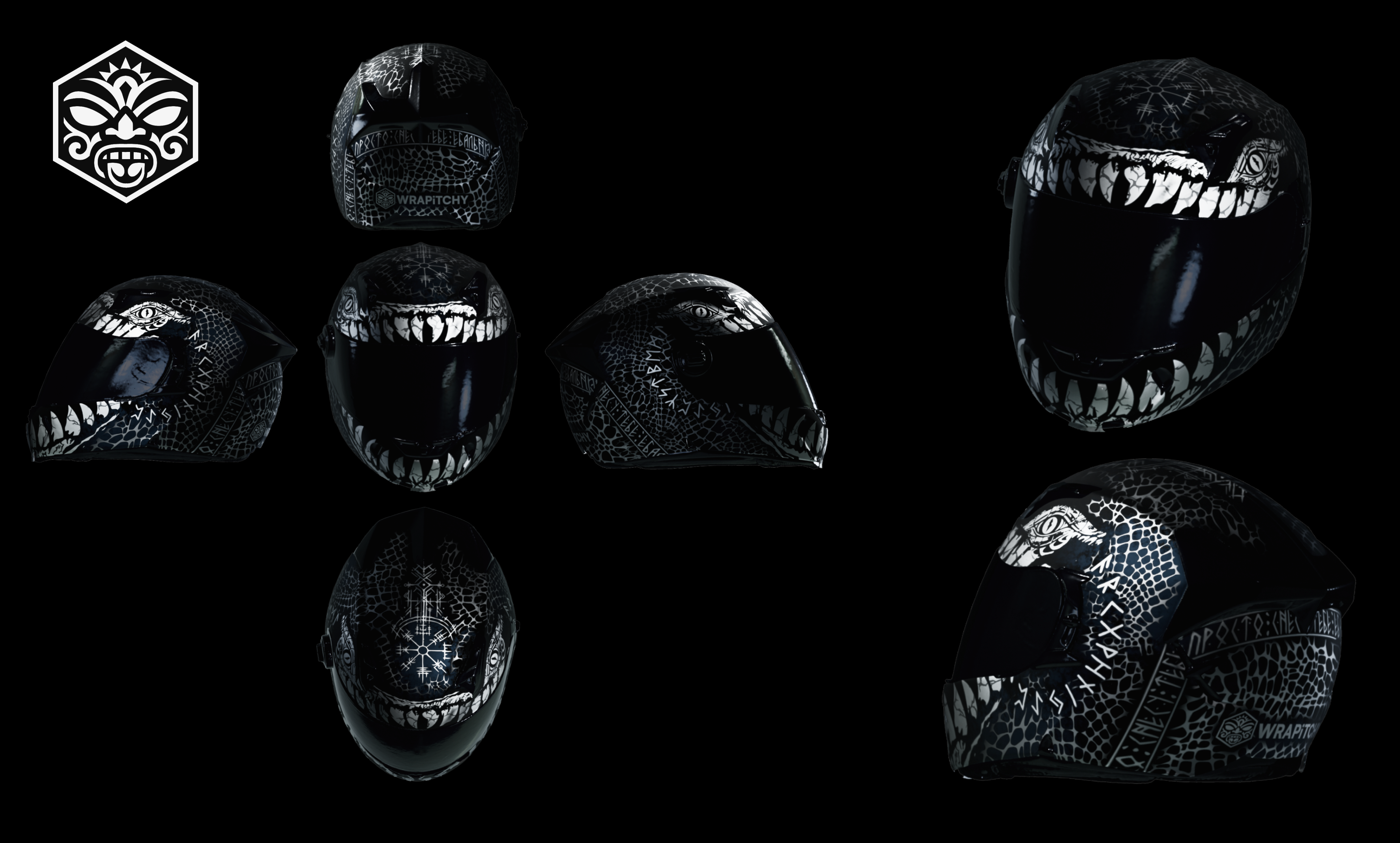 Ukázka polepu helmy — monsterský design s runami