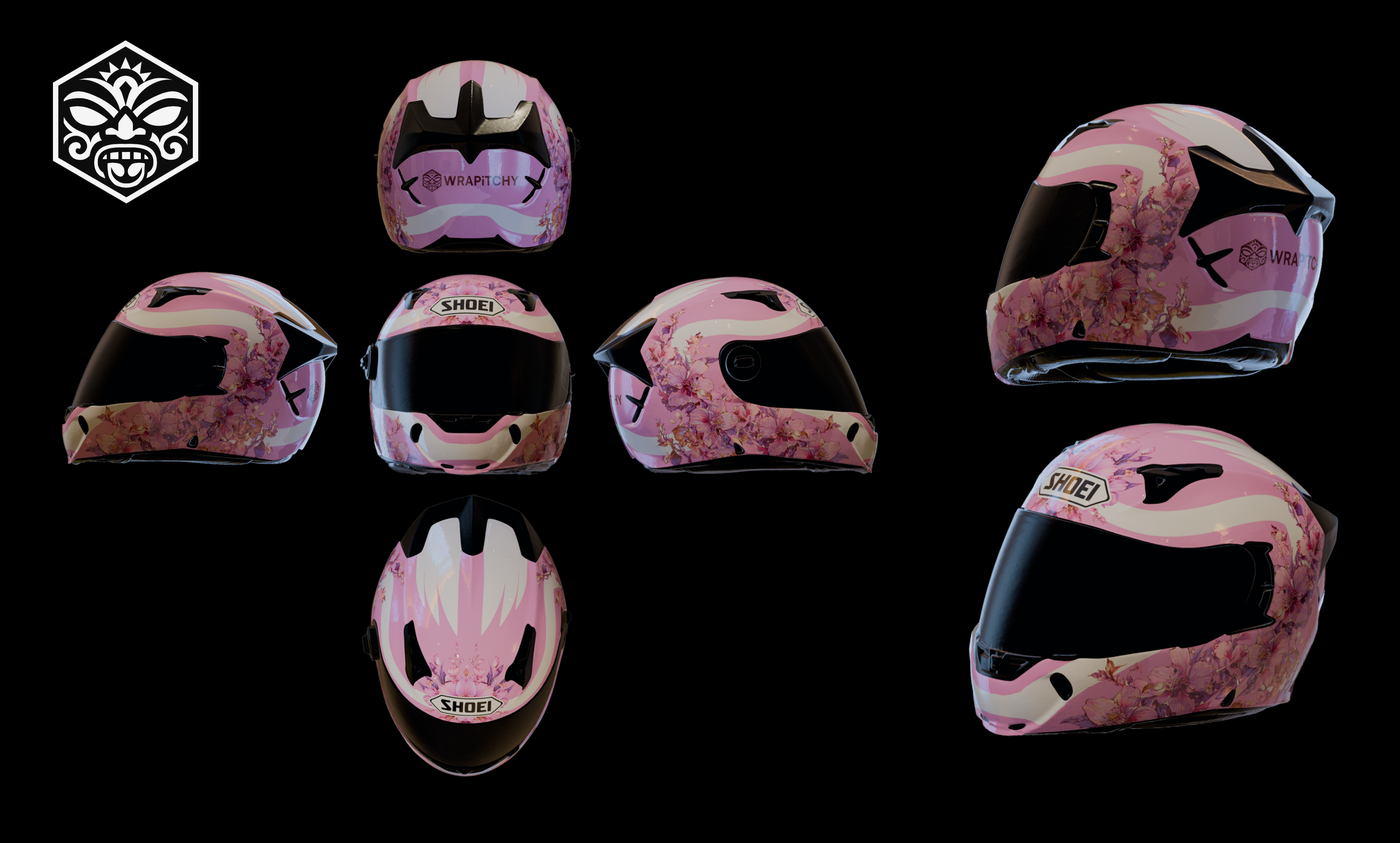 Ukázka polepu helmy — růžovo-bílý sakura design
